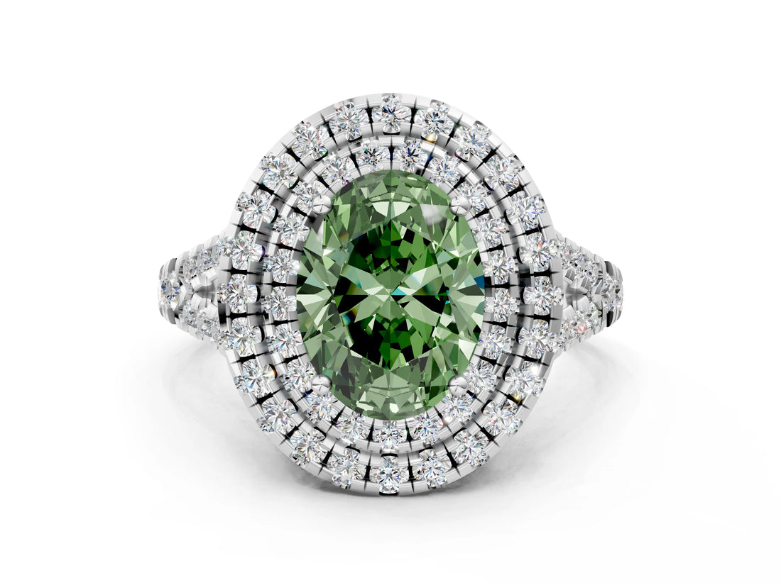 White gold Double Halo Fancy Green Oval  Cut Pave Split Shank Prong Set Ring_15