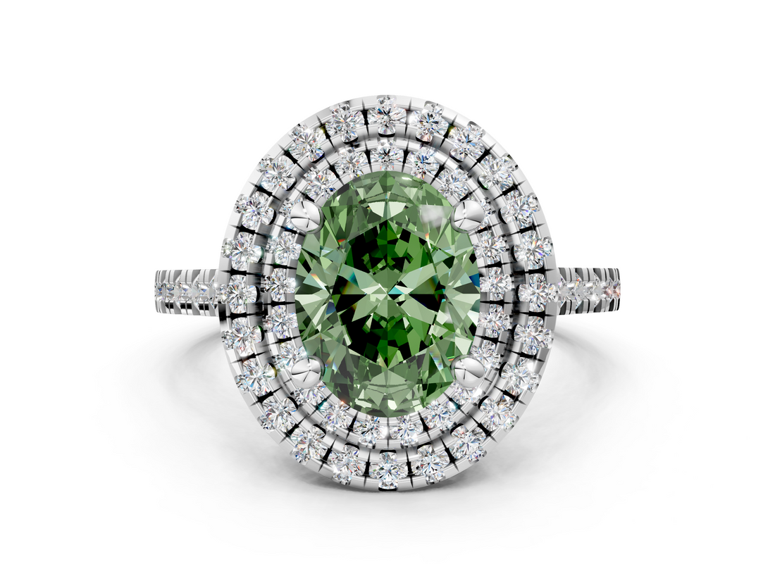 White gold Double Halo Fancy Green Oval  Diamond Pave Band with Four-Prong Setting_43