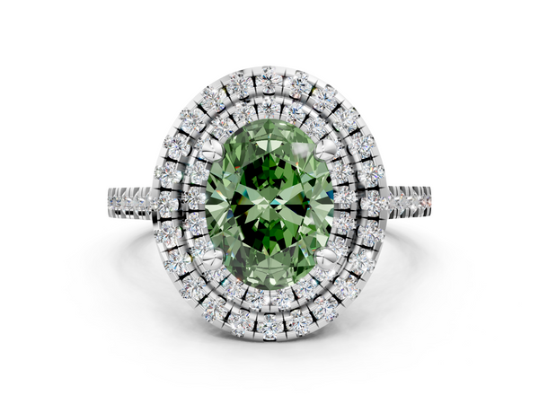 White gold Double Halo Fancy Green Oval Cut Diamond Pavé Band with Four-Prong Setting