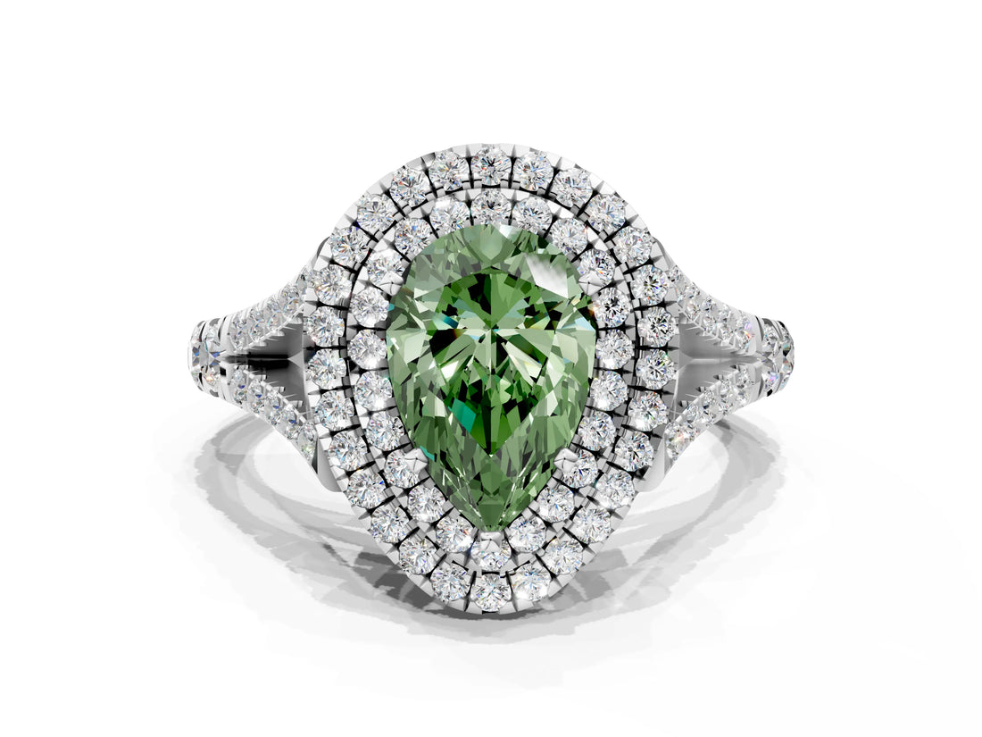 White gold Double Halo Fancy Green Pear Cut Diamond Split Shank Engagement Ring with Four-Prong Setting_15