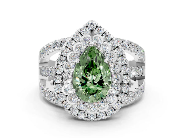 Platinum Double Halo Fancy Green Pear Cut Diamond Split Shank Pave Set Ring