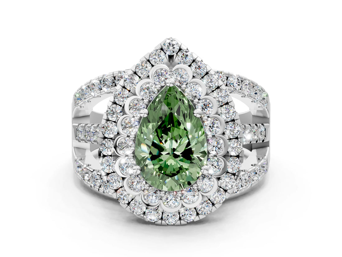 White gold Double Halo Fancy Green Pear Cut Diamond Split Shank Pave Set Ring_3