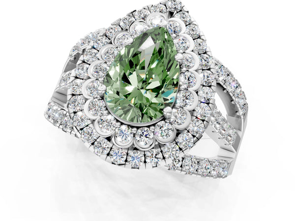 Platinum Double Halo Fancy Green Pear Cut Diamond Split Shank Pave Set Ring