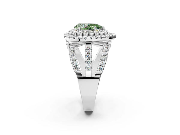 Platinum Double Halo Fancy Green Pear Cut Diamond Split Shank Pave Set Ring