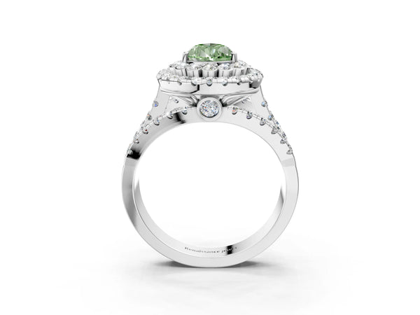 Platinum Double Halo Fancy Green Pear Cut Diamond Split Shank Pave Set Ring
