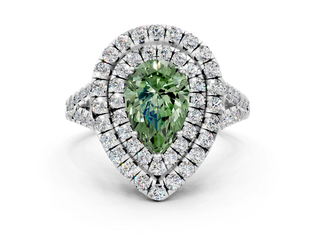 White gold Double Halo Fancy Green Pear  Cut Pave Split Shank Prong Set Ring_15