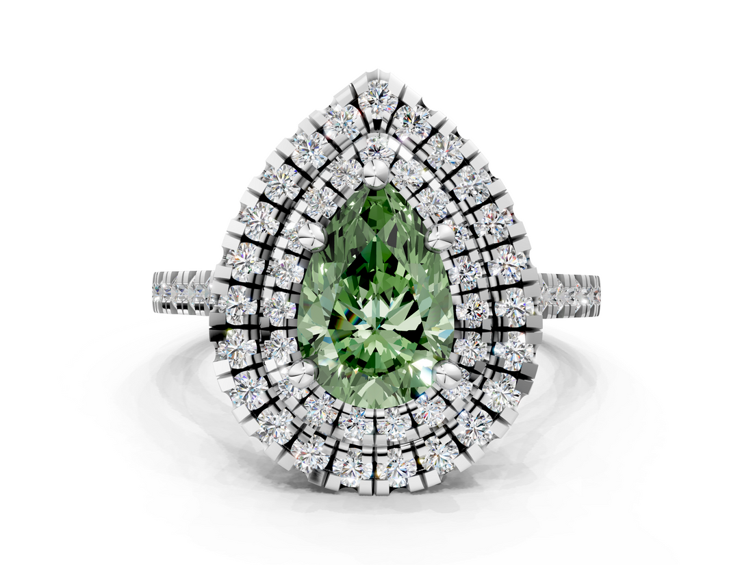 White gold Double Halo Fancy Green Pear  Diamond Pave Band with Four-Prong Setting_43