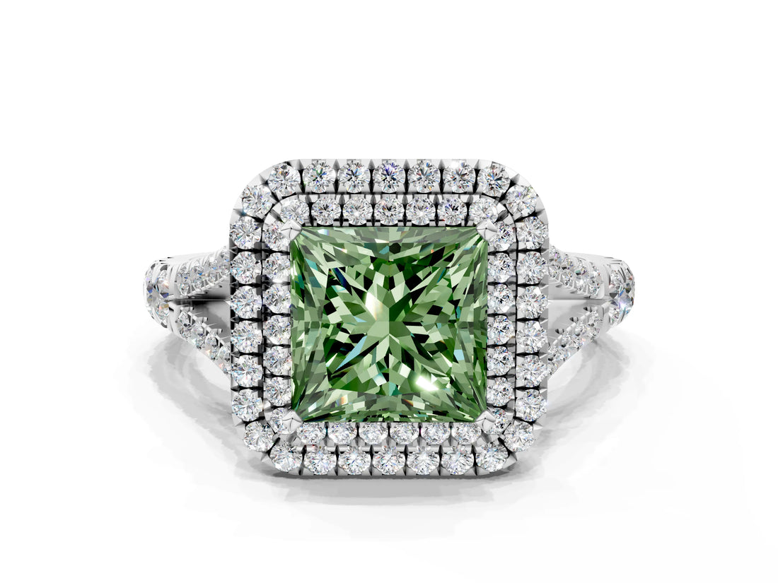 White gold Double Halo Fancy Green Princess Cut Diamond Split Shank Engagement Ring with Four-Prong Setting_15