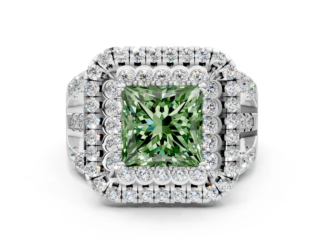 White gold Double Halo Fancy Green Princess Cut Diamond Split Shank Pave Set Ring_3