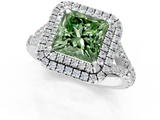 White gold Double Halo Fancy Green Princess  Cut Diamond Split Shank Ring with Four Prong Setting_1