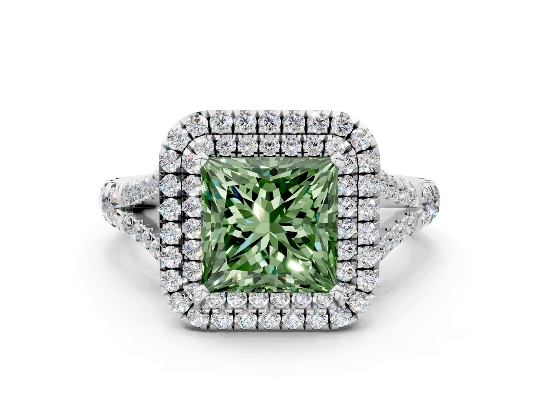 White gold Double Halo Fancy Green Princess  Cut Diamond Split Shank Ring with Four Prong Setting