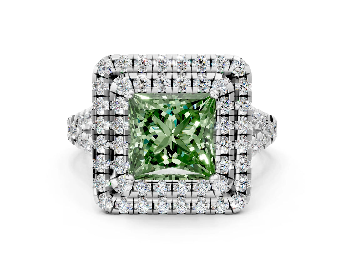 White gold Double Halo Fancy Green Princess  Cut Pave Split Shank Prong Set Ring_15