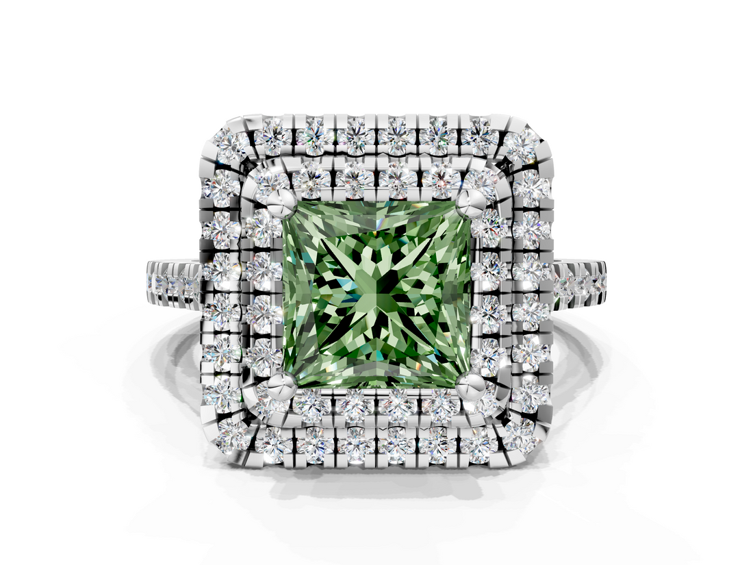 White gold Double Halo Fancy Green Princess  Diamond Pave Band with Four-Prong Setting_17