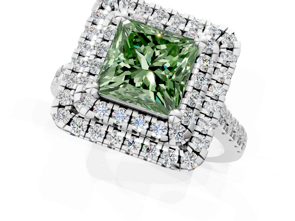 Platinum Double Halo Fancy Green Princess Cut Diamond Pavé Band with Four-Prong Setting