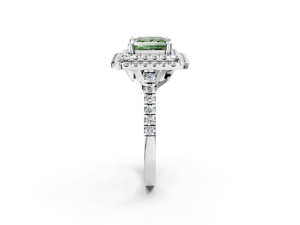 Platinum Double Halo Fancy Green Princess Cut Diamond Pavé Band with Four-Prong Setting