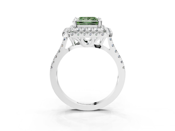 Platinum Double Halo Fancy Green Princess Cut Diamond Pavé Band with Four-Prong Setting