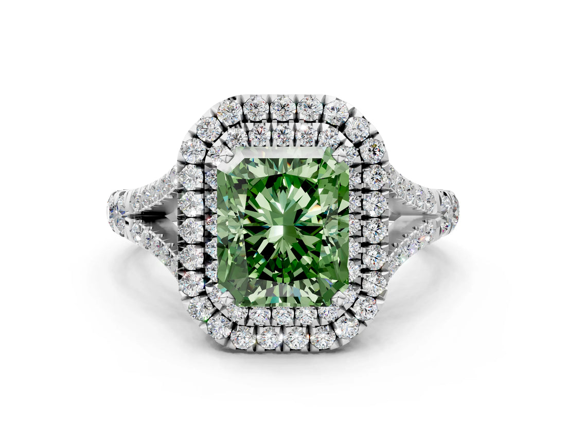 White gold Double Halo Fancy Green Radiant Cut Diamond Split Shank Engagement Ring with Four-Prong Setting_15