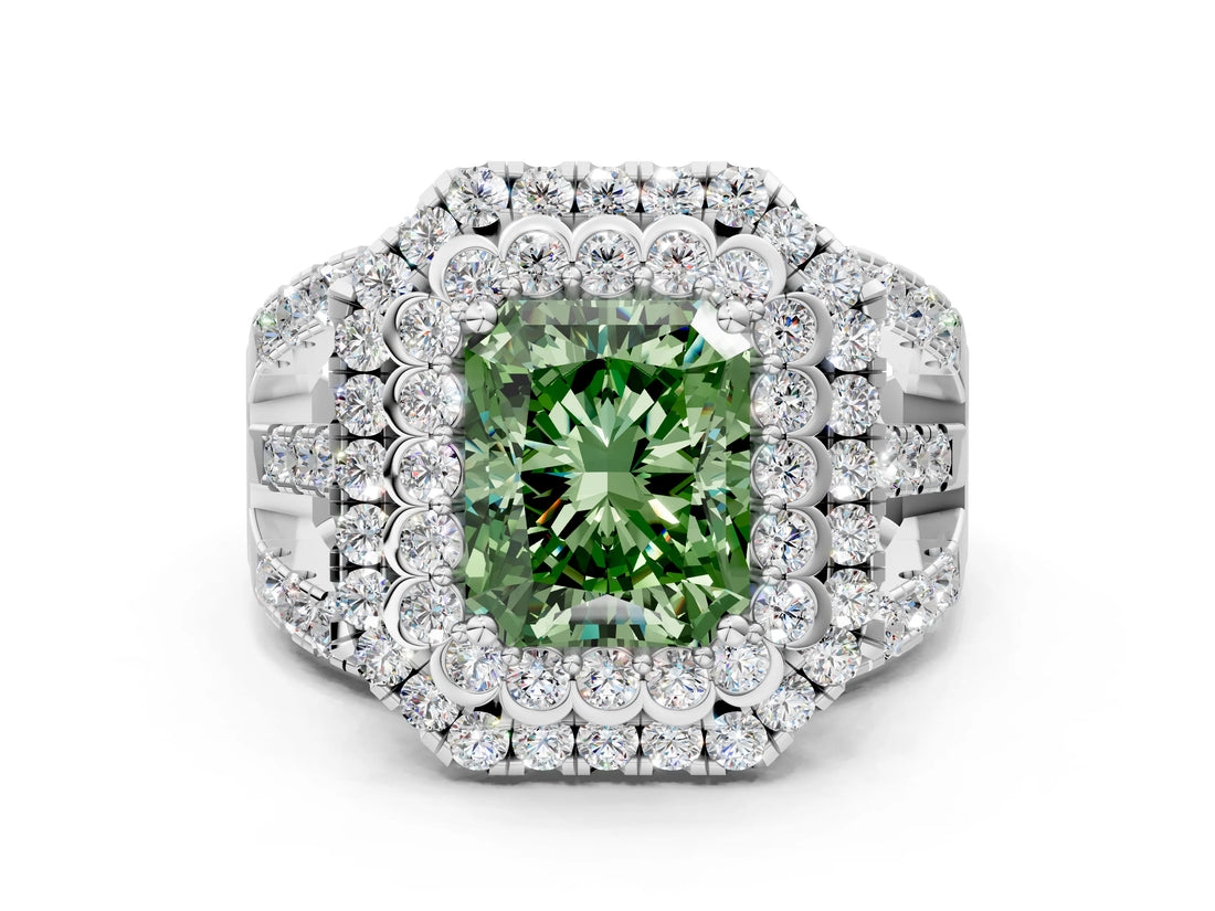 White gold Double Halo Fancy Green Radiant Cut Diamond Split Shank Pave Set Ring_3