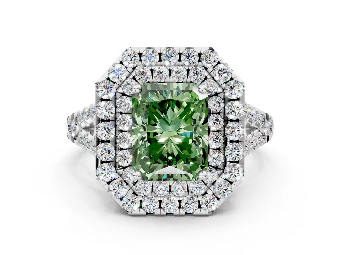 White gold Double Halo Fancy Green Radiant  Cut Pave Split Shank Prong Set Ring_15
