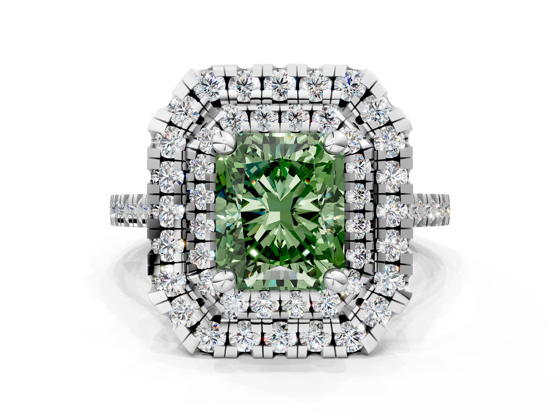 White gold Double Halo Fancy Green Radiant  Diamond Pave Band with Four-Prong Setting_43