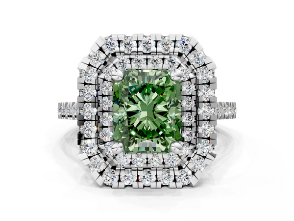 White gold Double Halo Fancy Green Radiant Cut Diamond Pavé Band with Four-Prong Setting