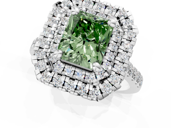 White gold Double Halo Fancy Green Radiant Cut Diamond Pavé Band with Four-Prong Setting