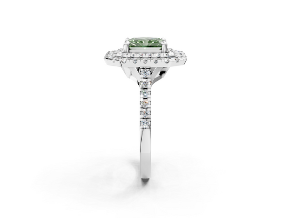 White gold Double Halo Fancy Green Radiant Cut Diamond Pavé Band with Four-Prong Setting