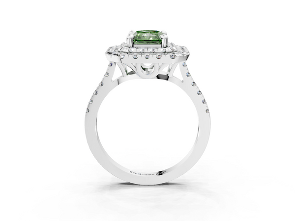 White gold Double Halo Fancy Green Radiant Cut Diamond Pavé Band with Four-Prong Setting