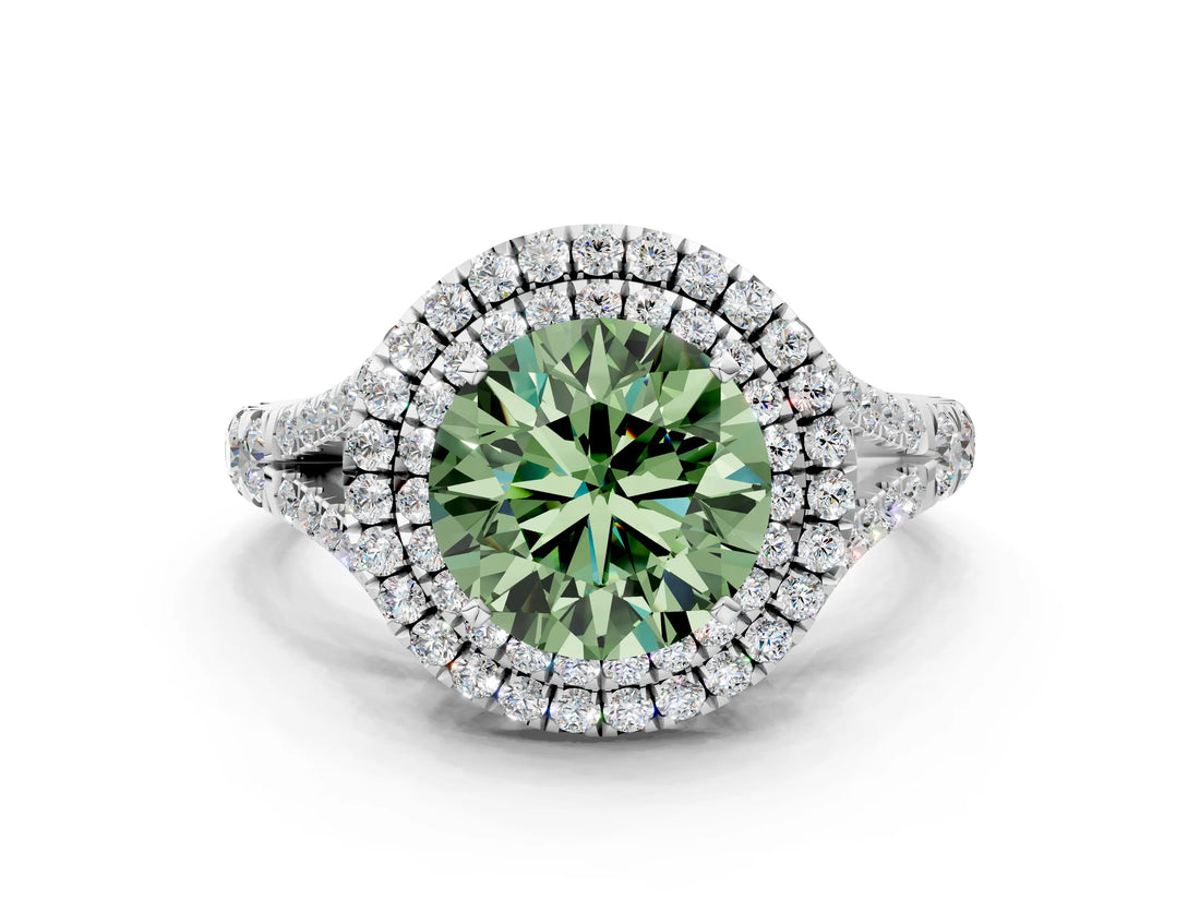 White gold Double Halo Fancy Green Round Cut Diamond Split Shank Engagement Ring with Four-Prong Setting_27