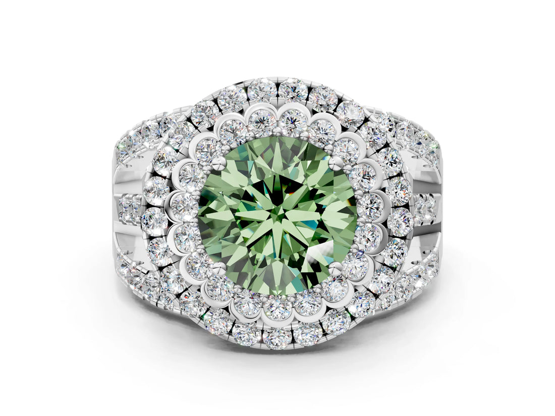 White gold Double Halo Fancy Green Round Cut Diamond Split Shank Pave Set Ring_3