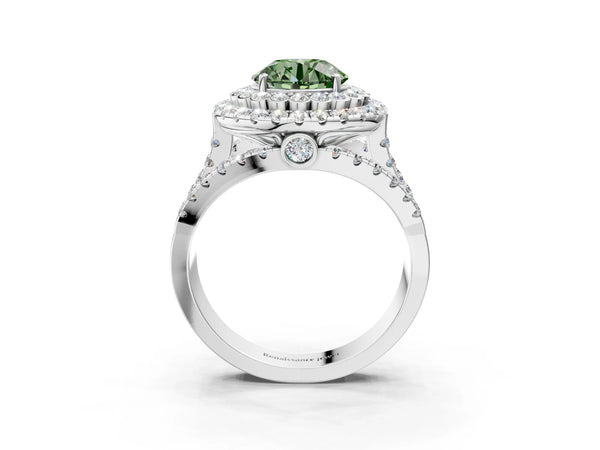 Sterling Silver Round Scalloped Double Halo Engagement Ring Setting for Fancy Green Center