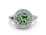 White gold Double Halo Fancy Green Round  Cut Diamond Split Shank Ring with Four Prong Setting_20