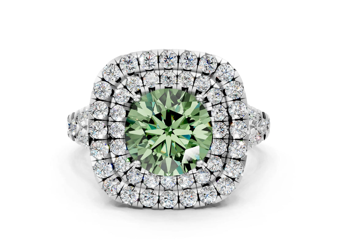 White gold Double Halo Fancy Green Round  Cut Pave Split Shank Prong Set Ring_15