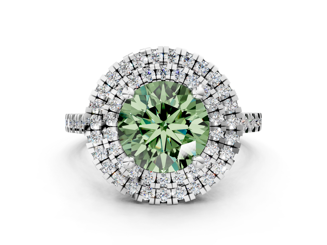 White gold Double Halo Fancy Green Round  Diamond Pave Band with Four-Prong Setting_77