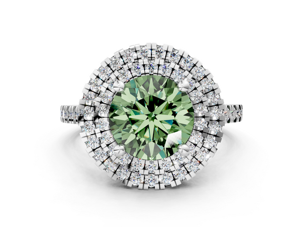 Platinum Double Halo Fancy Green Round Cut Diamond Pavé Band with Four-Prong Setting