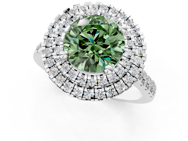 Platinum Double Halo Fancy Green Round Cut Diamond Pavé Band with Four-Prong Setting