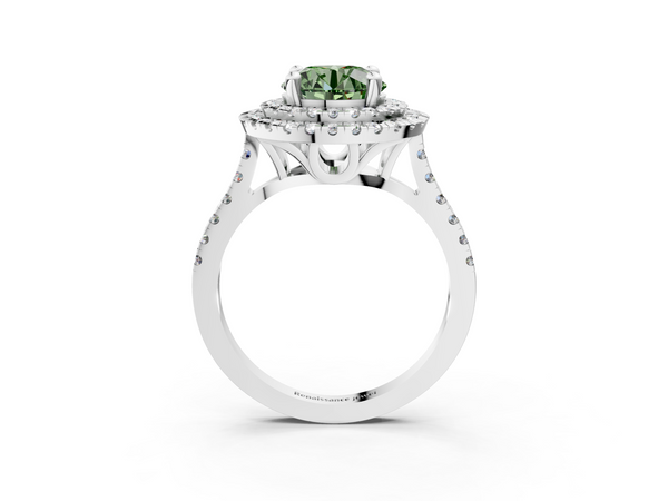 Platinum Double Halo Fancy Green Round Cut Diamond Pavé Band with Four-Prong Setting