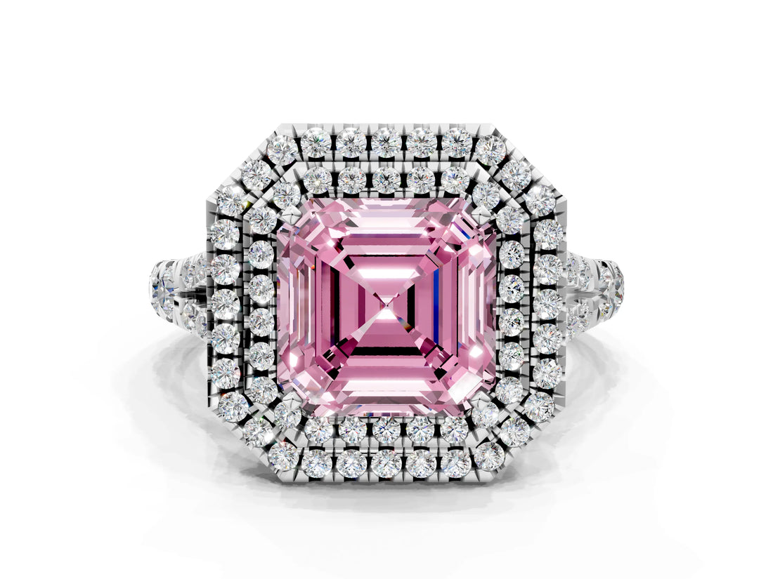 White gold Double Halo Fancy Pink Asscher Cut Diamond Split Shank Engagement Ring with Four-Prong Setting_3