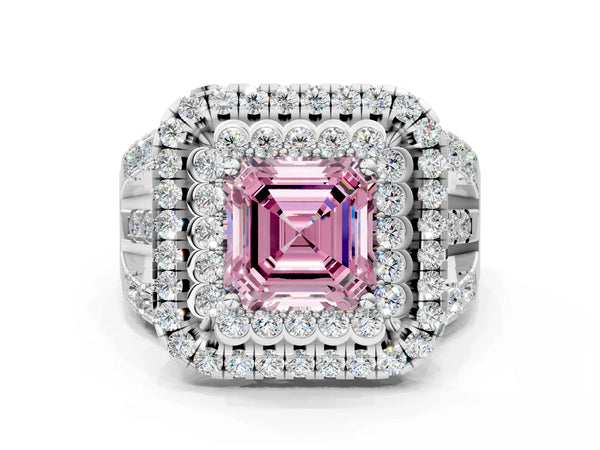 Platinum Asscher Cut Scalloped Double Halo Engagement Ring Setting for Fancy Pink Center