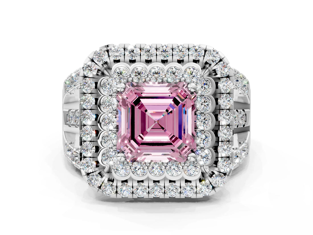 White gold Double Halo Fancy Pink Asscher Cut Diamond Split Shank Pave Set Ring_3