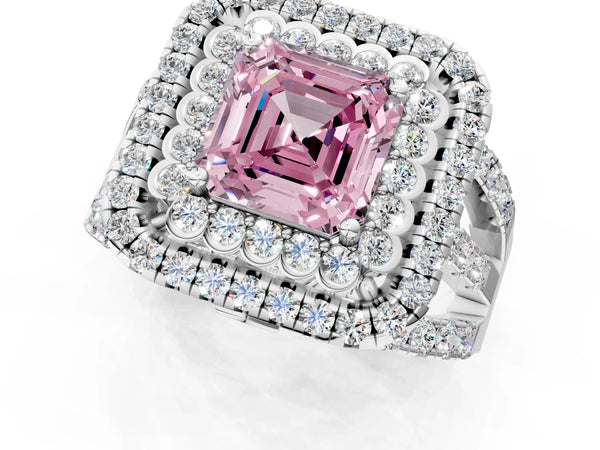 Sterling Silver Asscher Cut Scalloped Double Halo Engagement Ring Setting for Fancy Pink Center