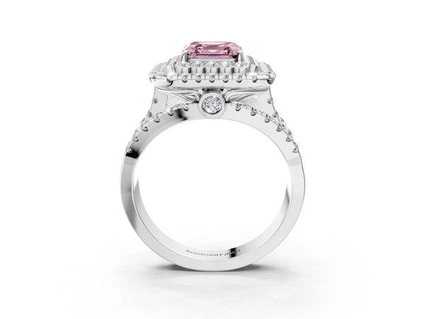 White Gold Asscher Cut Scalloped Double Halo Engagement Ring Setting for Fancy Pink Center