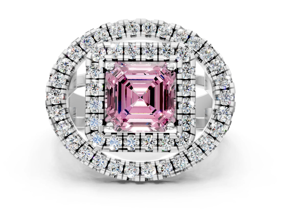 White gold Double Halo Fancy Pink Asscher Cut Diamond Split Shank Prong Setting Ring