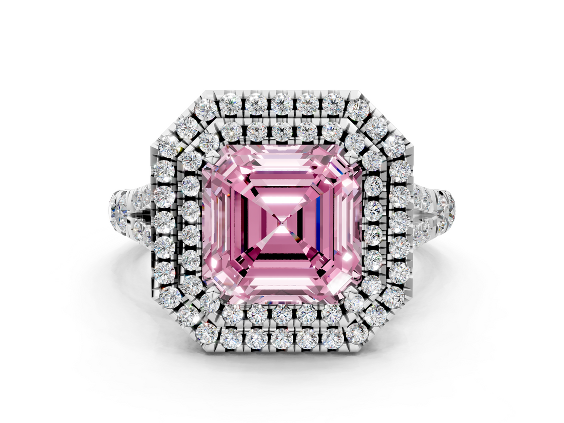 White gold Double Halo Fancy Pink Asscher  Cut Diamond Split Shank Ring with Four Prong Setting
