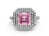 White gold Double Halo Fancy Pink Asscher  Cut Diamond Split Shank Ring with Four Prong Setting