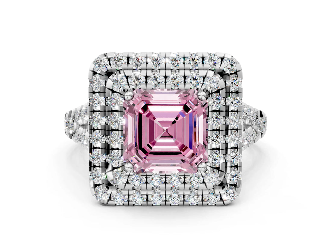 White gold Double Halo Fancy Pink Asscher  Cut Pave Split Shank Prong Set Ring_15