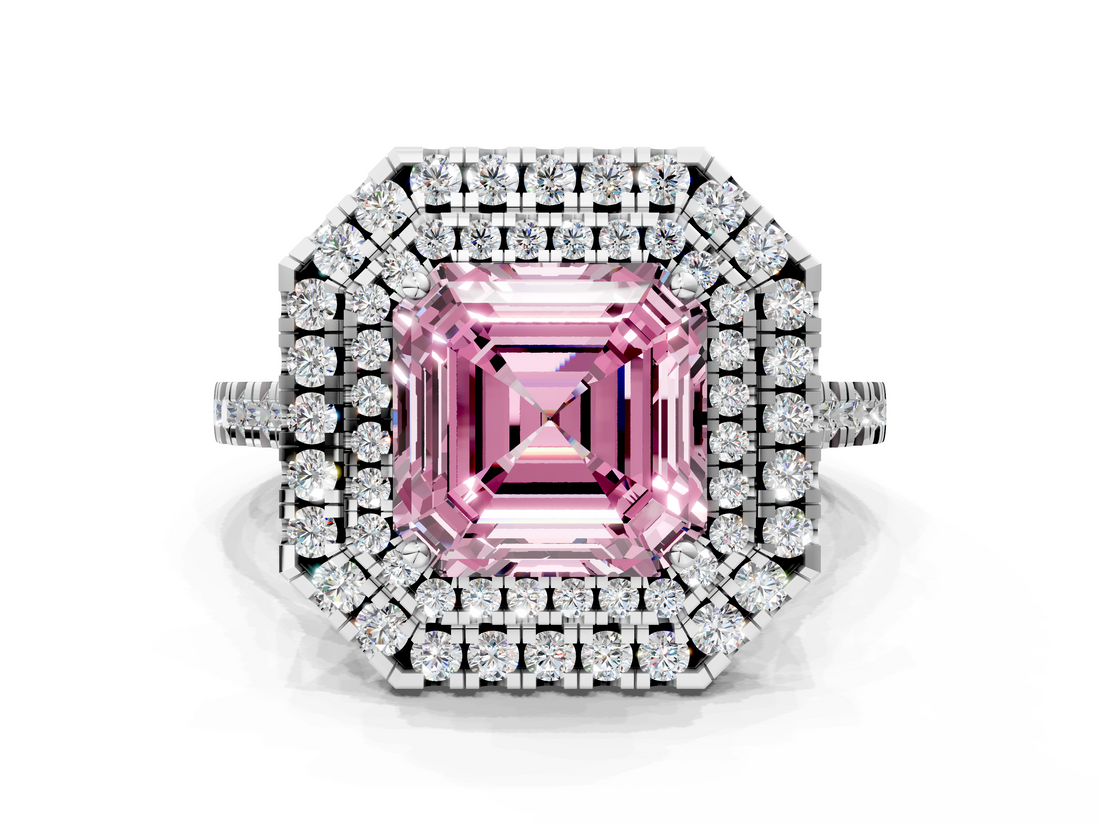 White gold Double Halo Fancy Pink Asscher  Diamond Pave Band with Four-Prong Setting