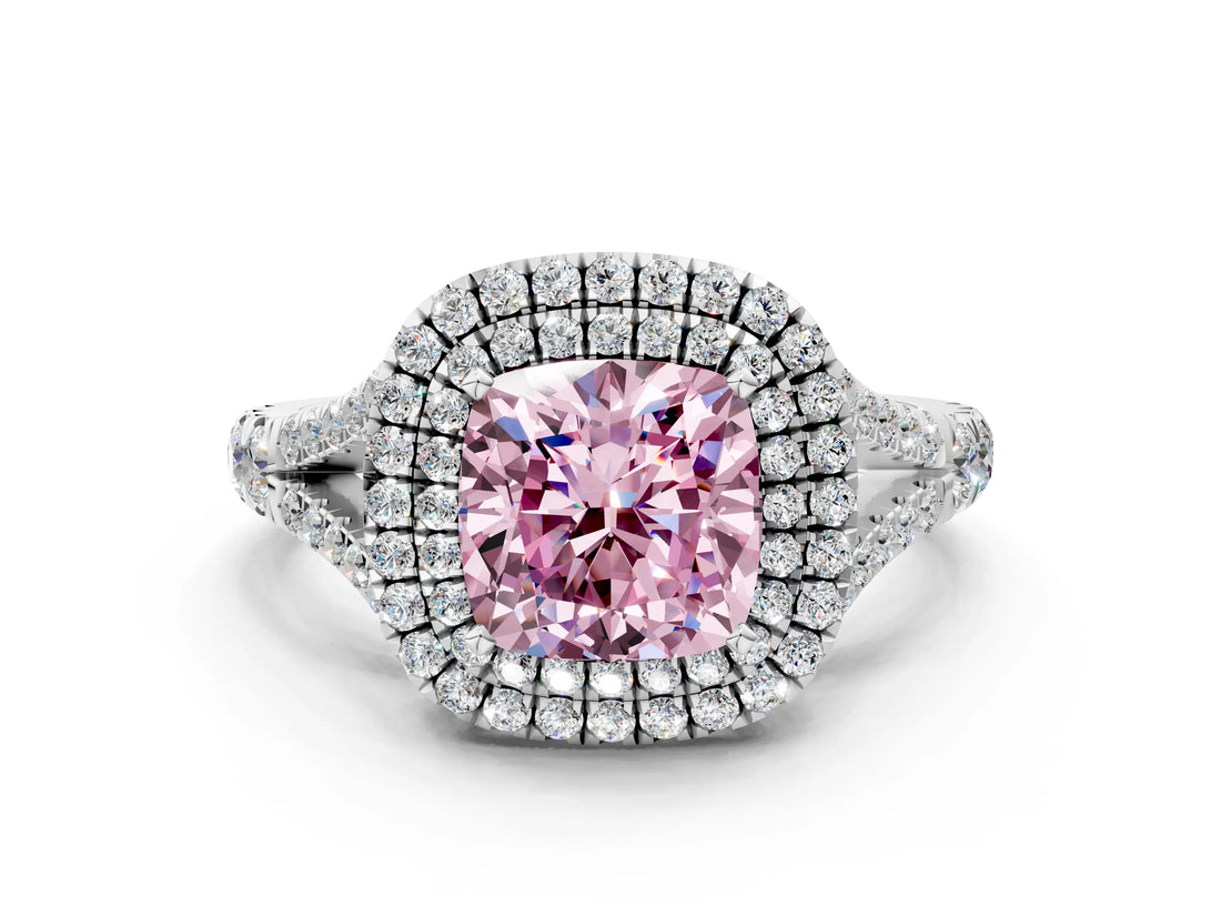 White gold Double Halo Fancy Pink Cushion Cut Diamond Split Shank Engagement Ring with Four-Prong Setting_27