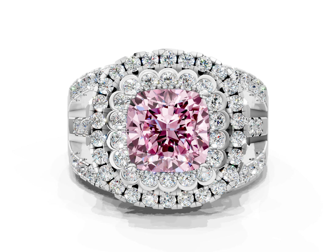 White gold Double Halo Fancy Pink Cushion Cut Diamond Split Shank Pave Set Ring_3