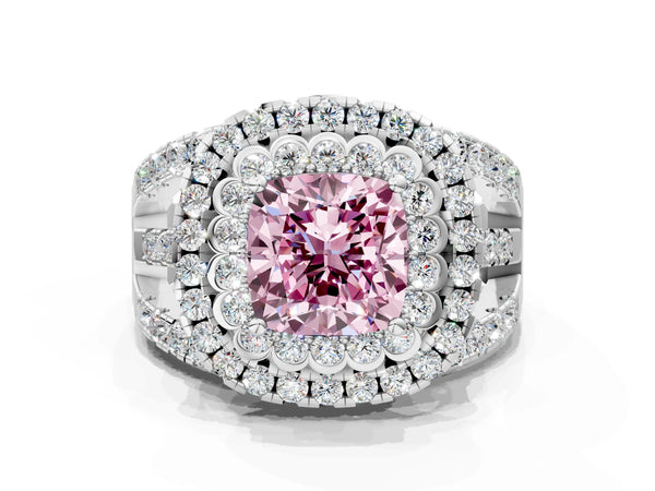 Platinum Cushion Cut Scalloped Double Halo Engagement Ring Setting for Fancy Pink Center